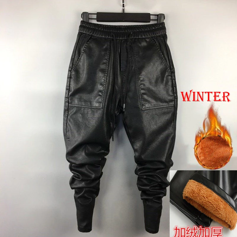 Idopy calças masculinas para inverno, calças para homens de harém de couro falso, quentes, cintura elástica, cordão pu, calças de corrida para homens