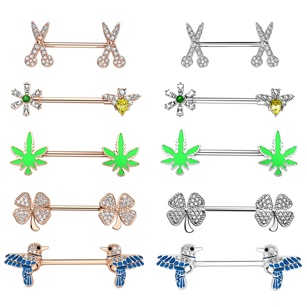 2pcs 14G Nipple Rings Plant Bird Shape Piercing Nipple Barbell Set Clear CZ 316L Steel Body Piercing Jewelry for Women Men 16mm