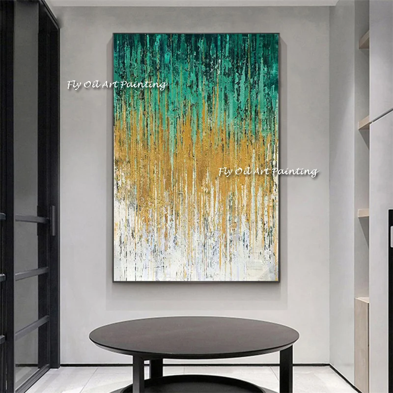 100% Handmade White Green Gold Line Leafs Abstract Nordic Canvas Knife Painting Modern Picture Living Room Wall Art Decoration