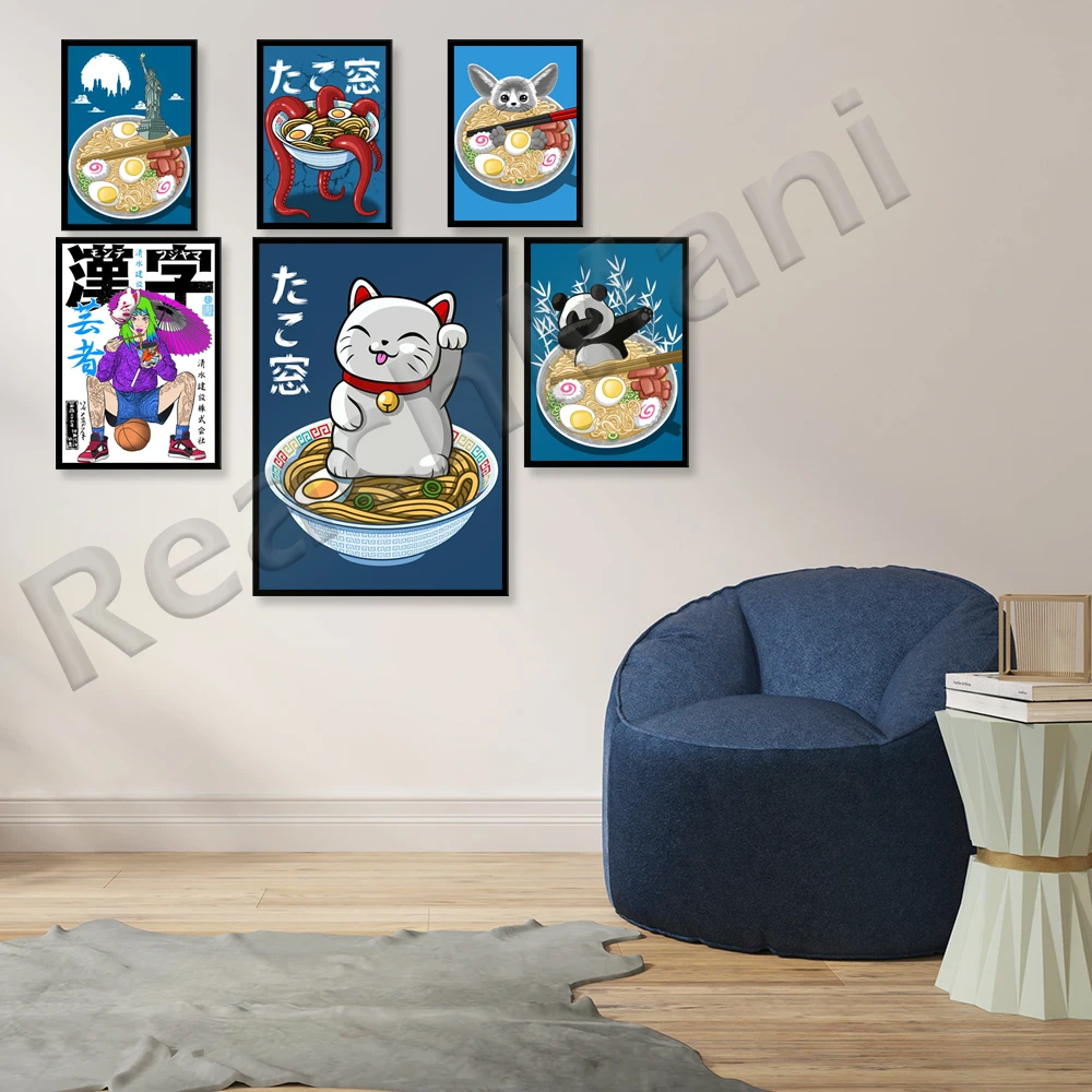 Ramen Cat Canvas Art Painting Japanese Food Noodles Posters and Prints Cats Animals Wall Pictures For Kitchen Restaurant Decor