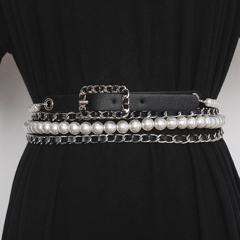 المرأة المدرج موضة اللؤلؤ سلسلة بولي Leather جلدية فستان Cummerbunds الكورسيهات زنار أحزمة الديكور ضيق حزام TB1727