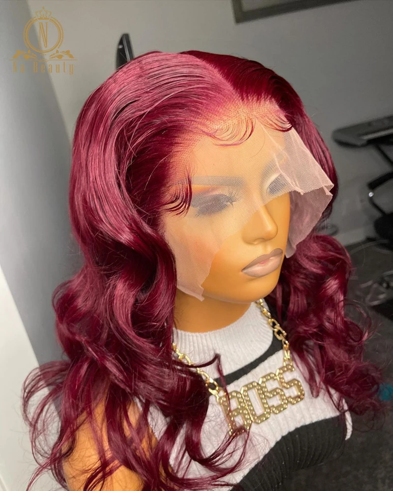 

Burgundy Color 99J Lace Front Wig Ombre Human Hair Wigs For Black Women T Part Lace Body Wave Pre Plucked Bleached Knots Wigs