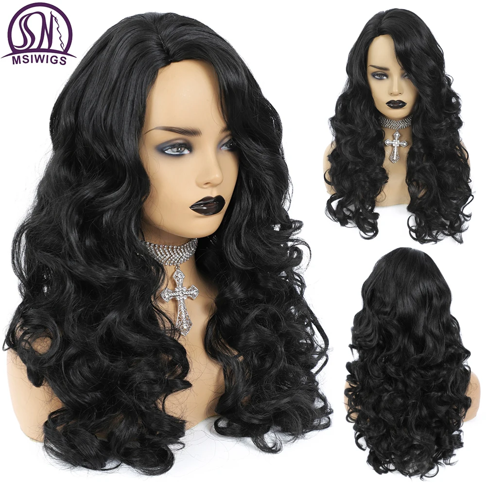 MSIWIGS Synthetic Wig Long Afro Curly Wig Black Hair for Women Side Part Line Wig Purple Heat Resistant Hair