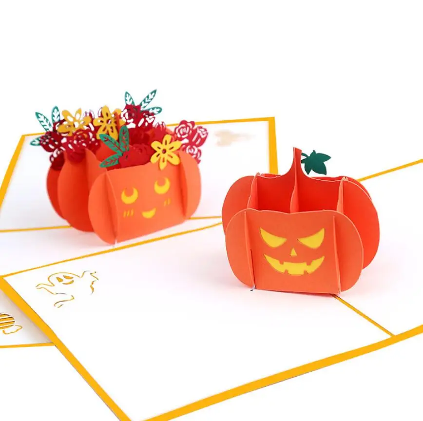 10pcs Handmade Kirigami Origami Halloween Pumpkin 3D Greeting Invitation card For Hallowee Christmas Wedding Birthday Party Gift