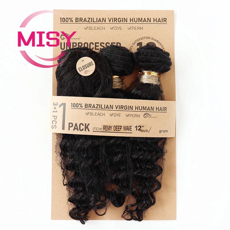 Cabelo Remy brasileiro tece com fechamento, pacotes curtos retos do cabelo humano, preto natural, 3 pacotes