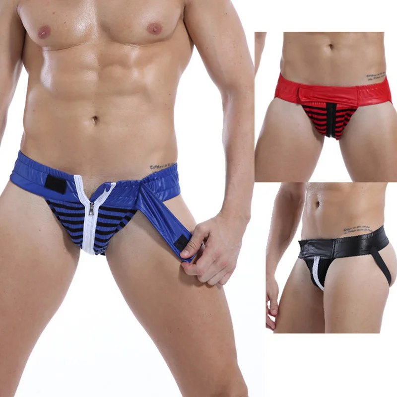 Calcinha masculina sexy estilo fio dental, lingerie erótica com zíper, tanga masculina de duas peças