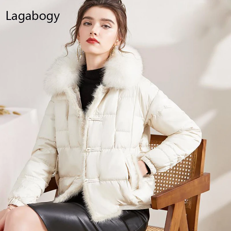 Lagabogy 2024Real Fox Fur Collar Winter Women 90%White Duck Down Jacket Ladies Short Warm Puffer Coat Female Loose Vintage Parka