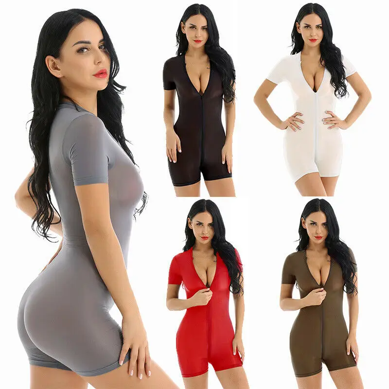 

Women's See Through Romper Playsuit Short Sleeve Zip Open Body Jumpsuit Cameltoe Bodysuit