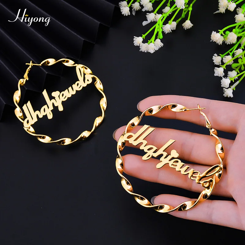 

HIYONG Custom Hoop Name Earrings Big Hoop Name Earrings Stainless Steel Customize Earring Circle Oorbellen Custom Jewelry Gift