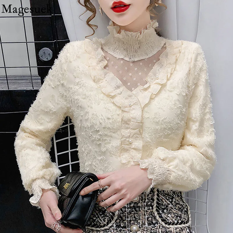 

New Mesh Stitching Lace Bottoming Shirt Autumn and Winter Pleated Ruffle Elegant Blouse Women Flare Sleeve Vintage Shirt 16815