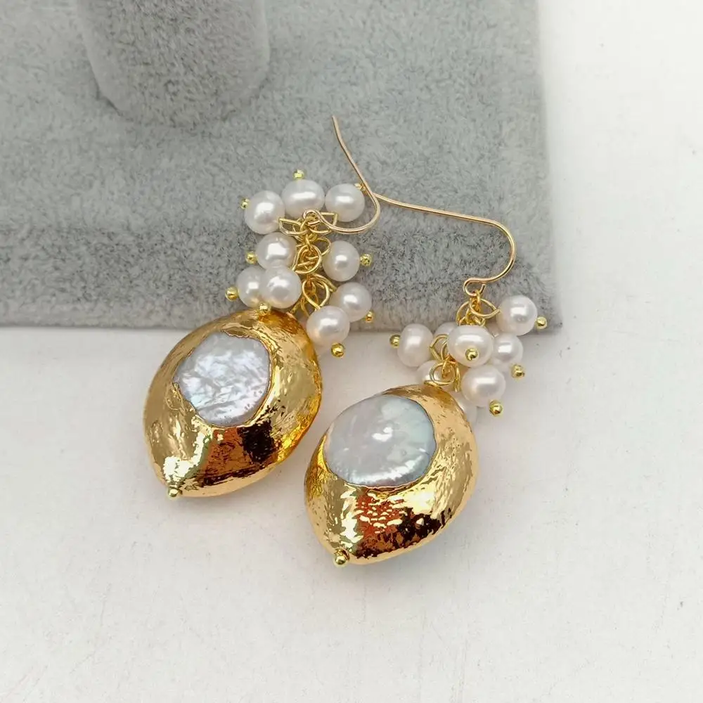 

White freshwater Pearl Gold color plated Hook Earrings dangle earrings for women