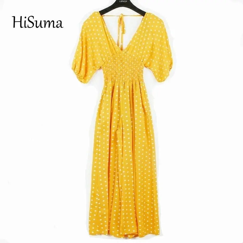 HISUMA summer new women's dot print deep V neck puff sleeve chiffon jumpsuit female V collar Wide leg playsuits women bodysuit