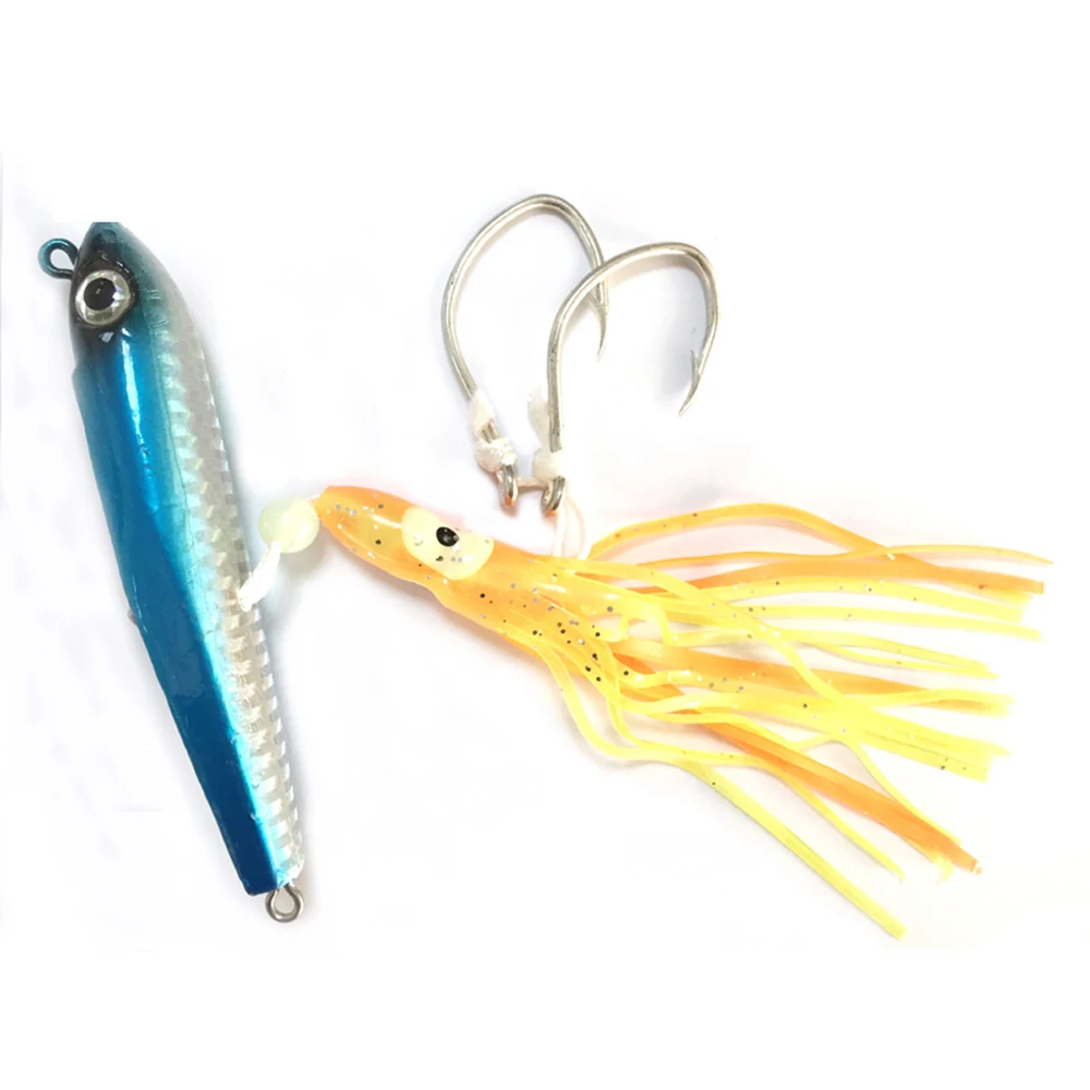 Squid Jig Fishing Lure with Metal Head, Saltwater Fishing Bait, Soft Octopus Skirt Lure, 150g, 2 PCs/Lot