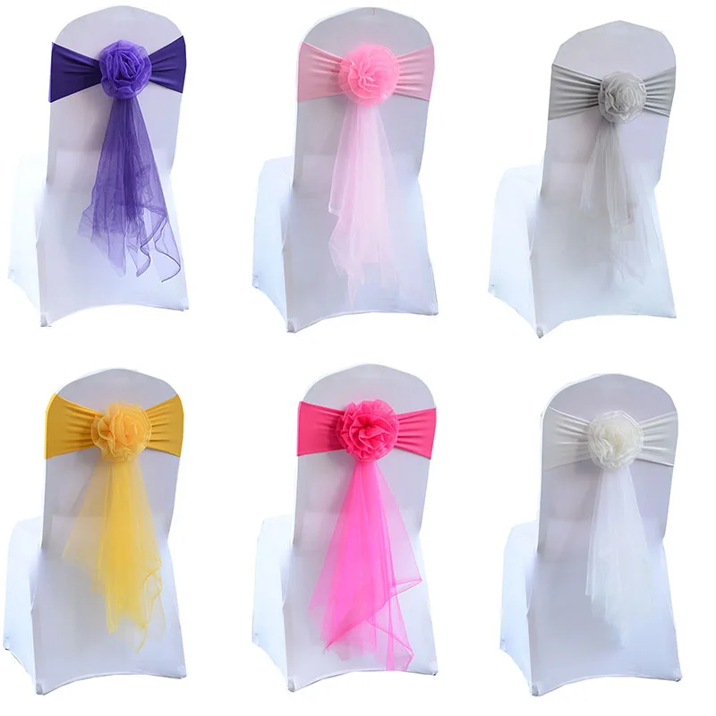 100pcs Spandex Organza Floral Tassel Chair Sash Elastic Silk Chair Band Bow Ties Wedding Party Banquet Supply