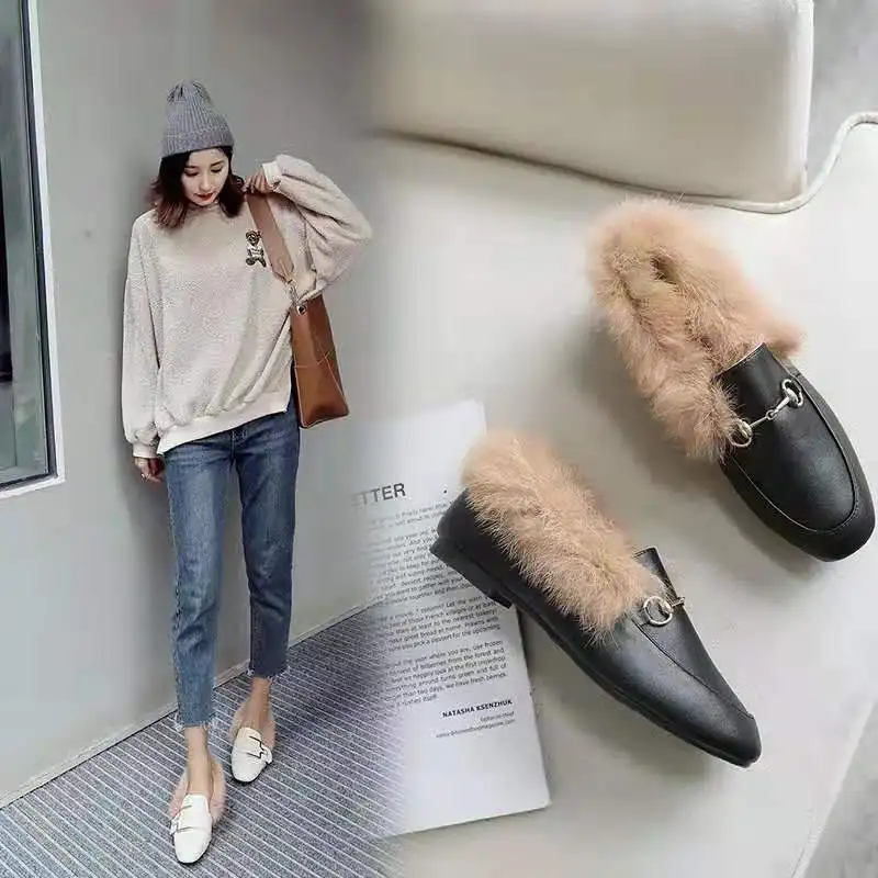 Women\'s Winter Wear New Single Layer Shoes Women\'s Flat Fashionable All-Match Cotton Shoes Fleece-Lined Casual Shoes Fluffy Shoe