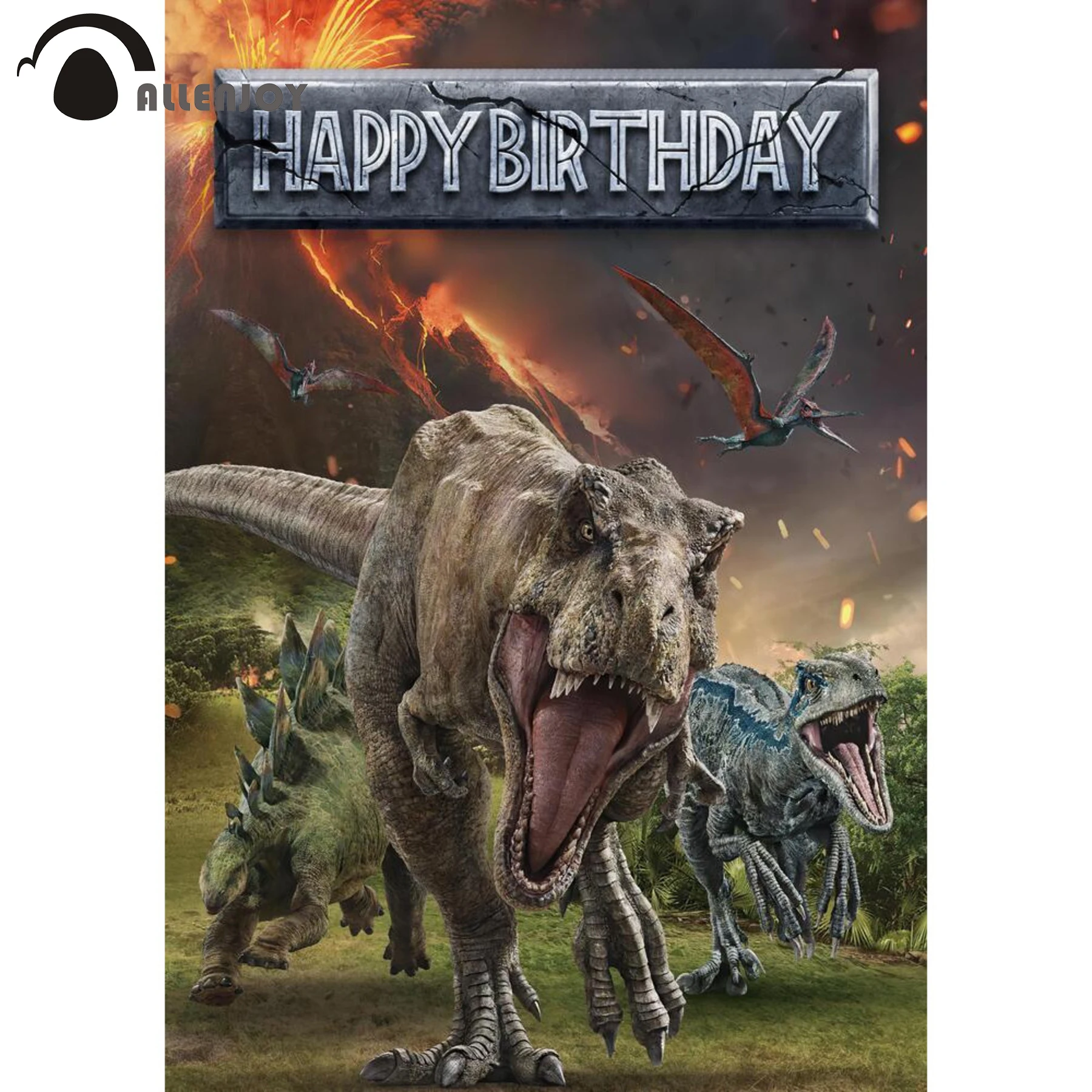 Allenjoy-Fondo de fiesta de dinosaurio de feliz cumpleaños, cartel de escena de volcán realista, Parque salvaje, jungla, evento de Baby Shower