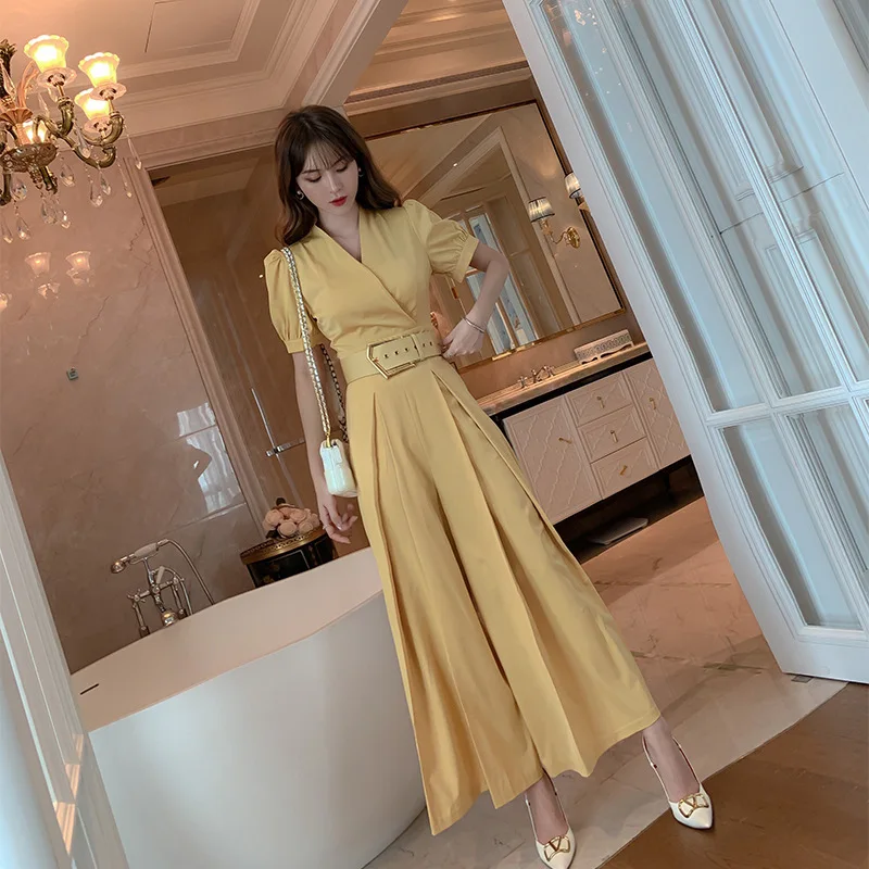 Sheer Elegant Jumpsuit Summer 2020 Women Jumpsuit Short Lantern Sleeve Yellow Playsuit Trousers Bodysuit Combi Pantalon Femme