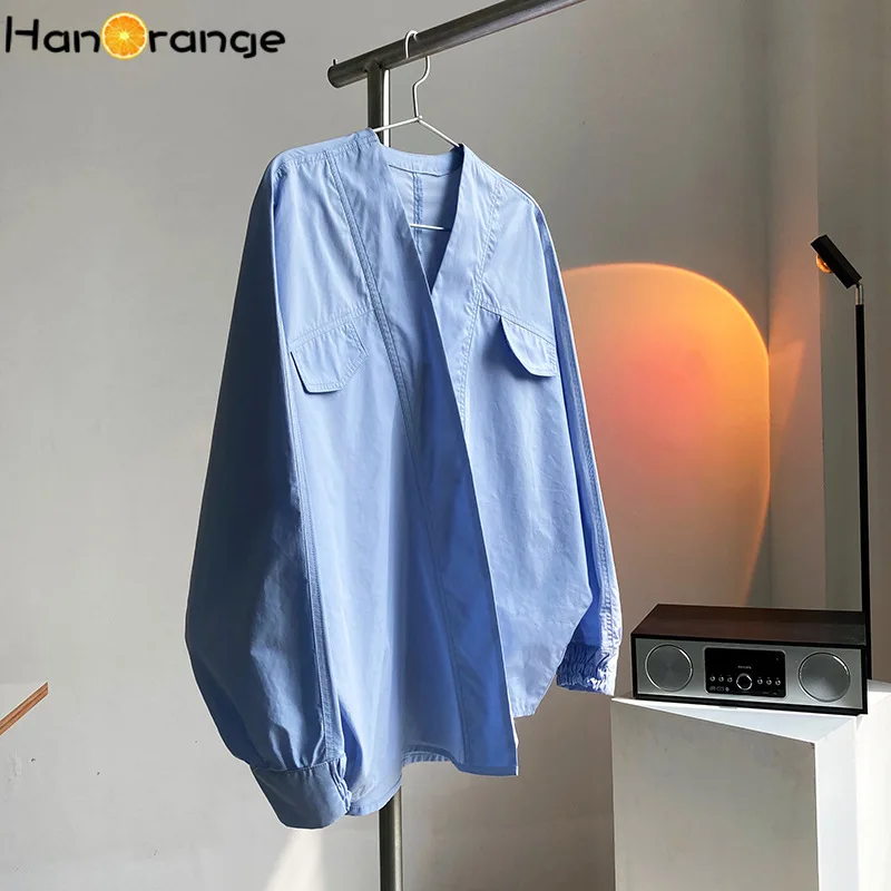 HanOrange 2024 Spring Lazy Style Niche Cotton Loose Bat Sleeve V-neck Shirt Woman Single Row Two Buttons