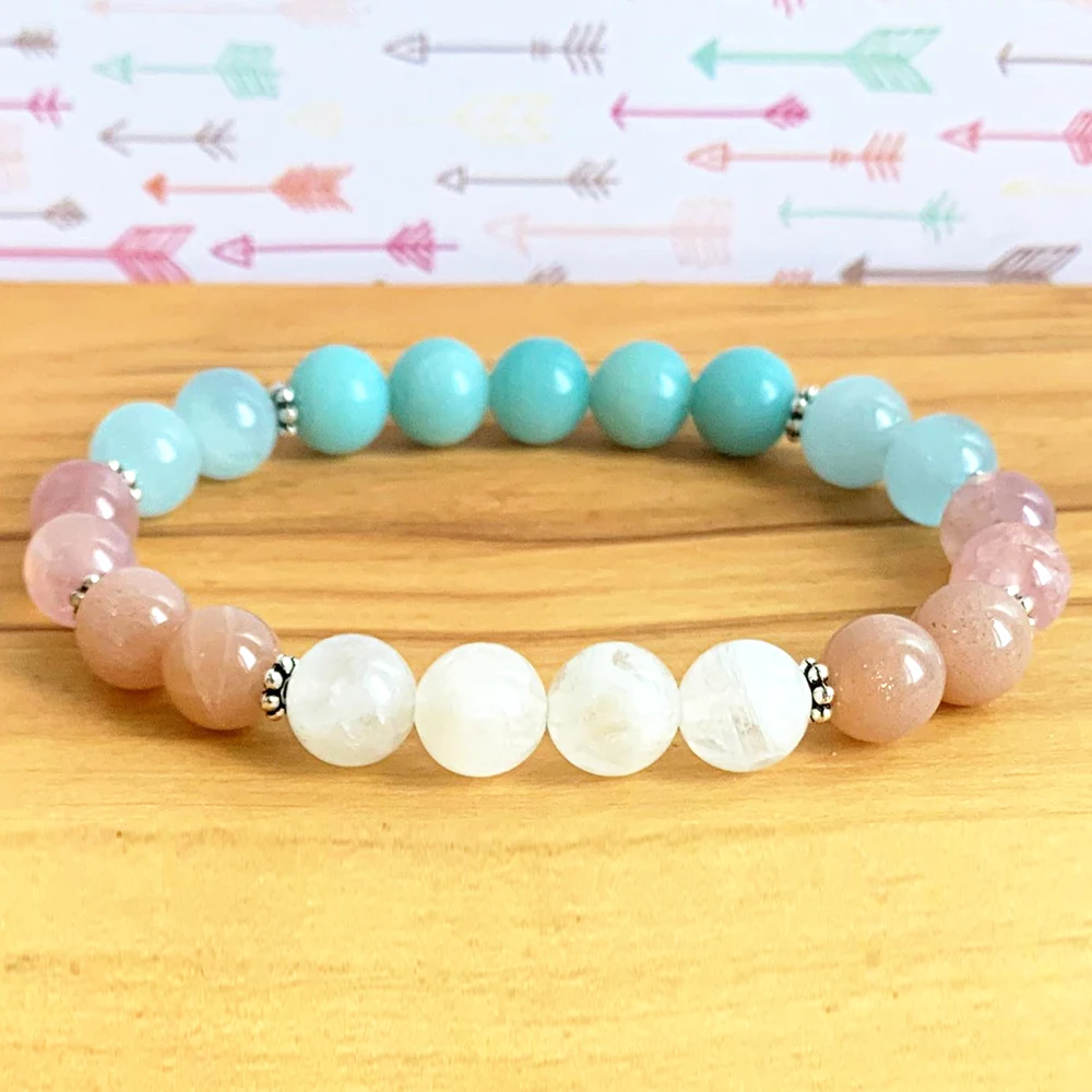 MG1221 New Design Moonstone and Sunstone Mala Bracelet Aquamarine Amazonite Beaded Bracelet Happiness & Joy Wrist Mala