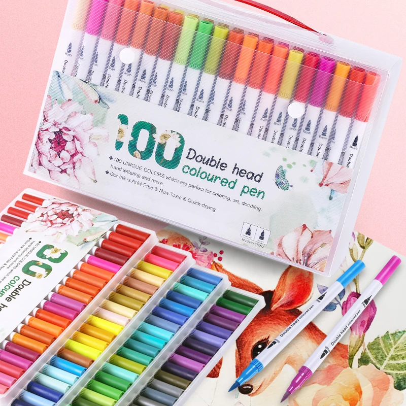 12/18/24/36/48/72/100PCS Colors FineLiner Drawing Painting Watercolor Art Marker Pens Dual Tip Brush Pen School Supplies