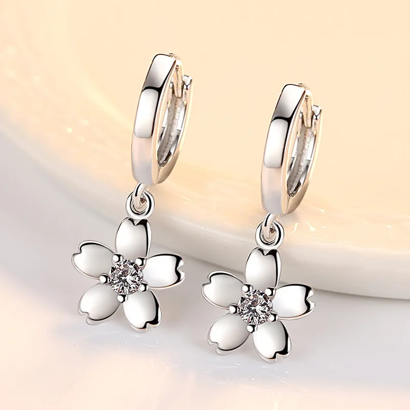 Boucles d'oreilles en Zircon rose/blanc pour femmes, Simple, en argent 925, bijoux en forme de fleurs de cerisier, tendance