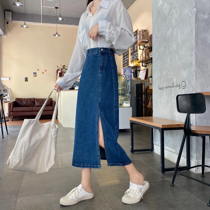 REALEFT Women's Denim Skirts 2021 New Spring Summer Vintage OL Style High Waist Casual Side Split Women's Long Skirts Female