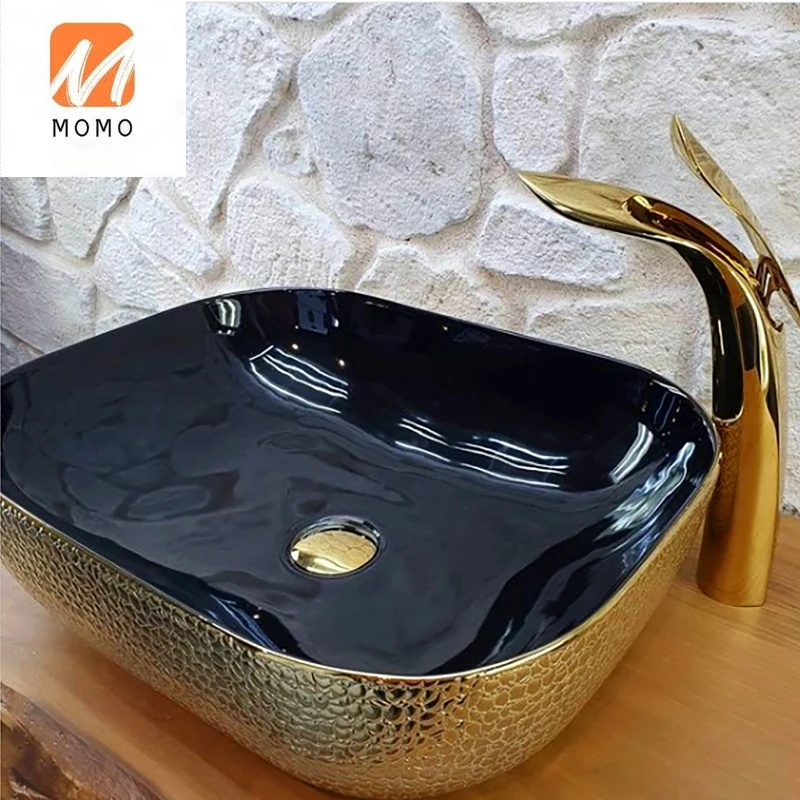 Black Gold Crocodile Pattern Ceramic Table Top Modern Bathroom Sinks Ceramic Hand Wash Basin