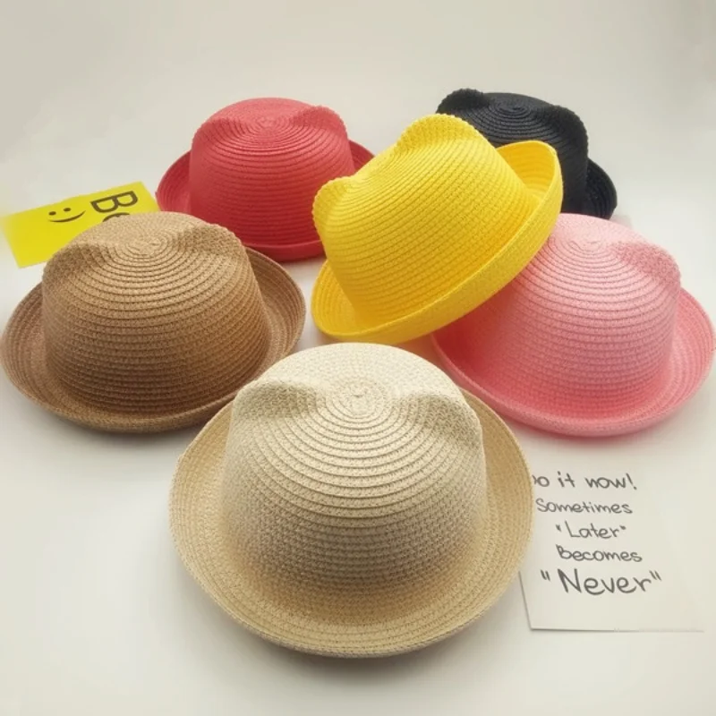 Boys Cap Girls Sun Hat Summer Children Panama Sun Hat Children Ear Decoration Sun Hat Solid Kid Floppy Panama Hat