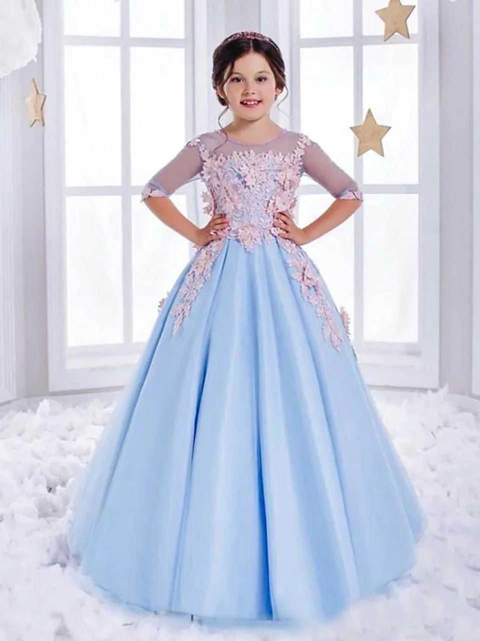 Kids Formal Wear  Baby Children Party Dress O-Neck Applique Tulle Beaded New Birthday Christmas Sleeveless Flower Girls Dresses