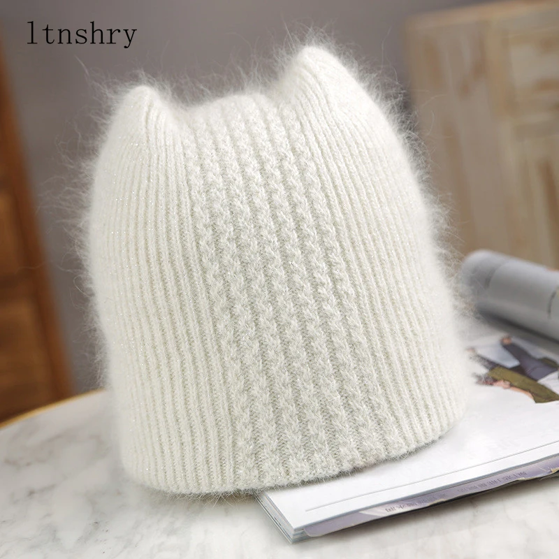 New Winter Warm lovely  Knitted Hats for Women Casual Soft Warm Angola Rabbit Fur Beanie hats for glris lady Bonnet Gorros