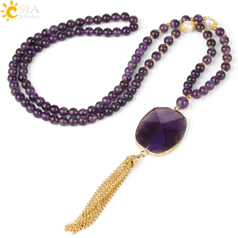 CSJA Amethysts Necklace Natural Stone Long Beads Purple Necklaces for Women Pendant Boho Gold Color Tassel Collar Amatista S470