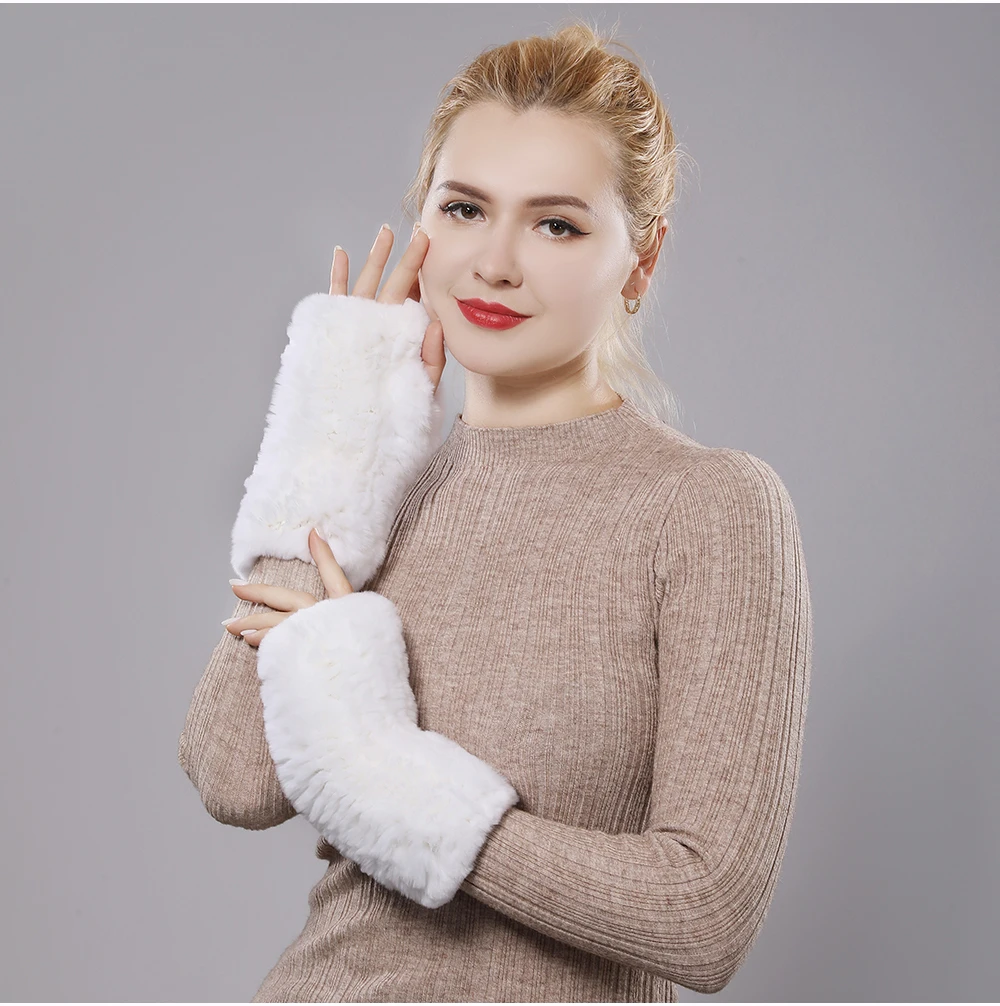 New Women 100% Real Genuine Knitted Rex Rabbit Fur Mittens Winter Warm Lady Real Fur Fingerless Gloves Handmade Knit Fur Mitten