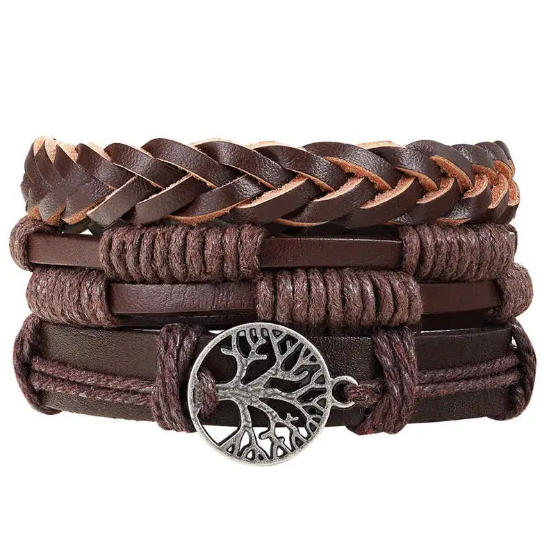 Boho Multilayer Leather Bracelet Eye Feather Hand Star Life Tree Wing Charms Beads Bracelets for Men Vintage Punk Wrap Wristband