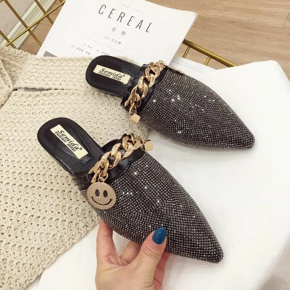 Pointed Toe Half Slippers Female Summer Wear 2021 New Fashion Rhinestone Lazy Flats Sandals Casual Slippers Metal Chain Slides