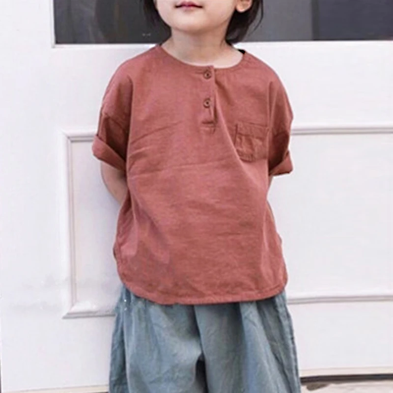 

Boys And Girls Japanese Casual T-Shirt 2022 Summer New Children's Cotton Round Neck Pocket Loose Solid Top Kids Tees WT761