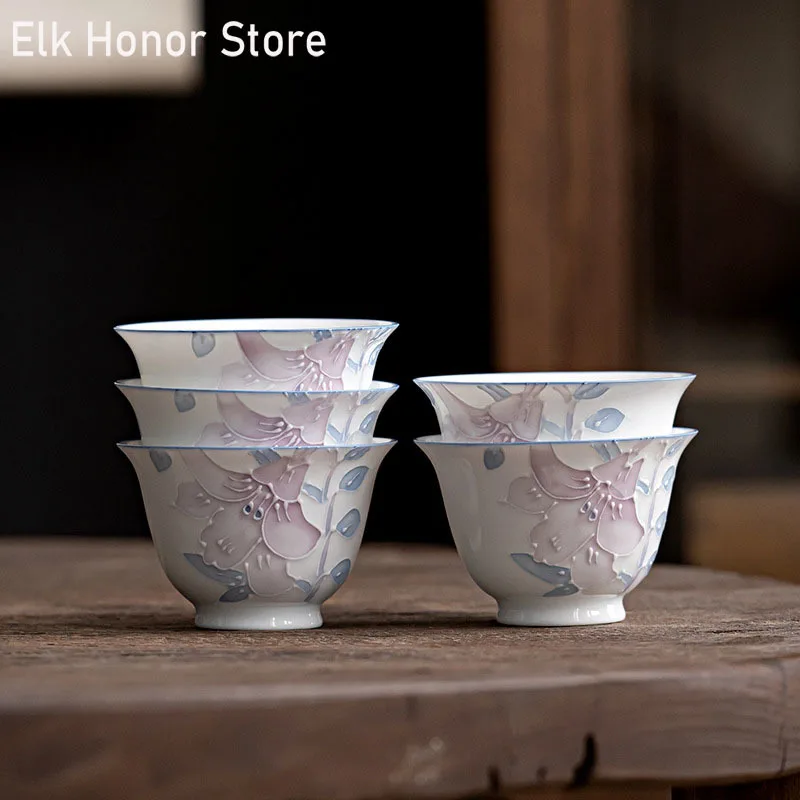 2pc/Set Handmade Engrave Lily Small Ceramic Tea Cup Kungfu Tea Maker Single Cup Japanese Teacups Women Customized Exquisite Gift