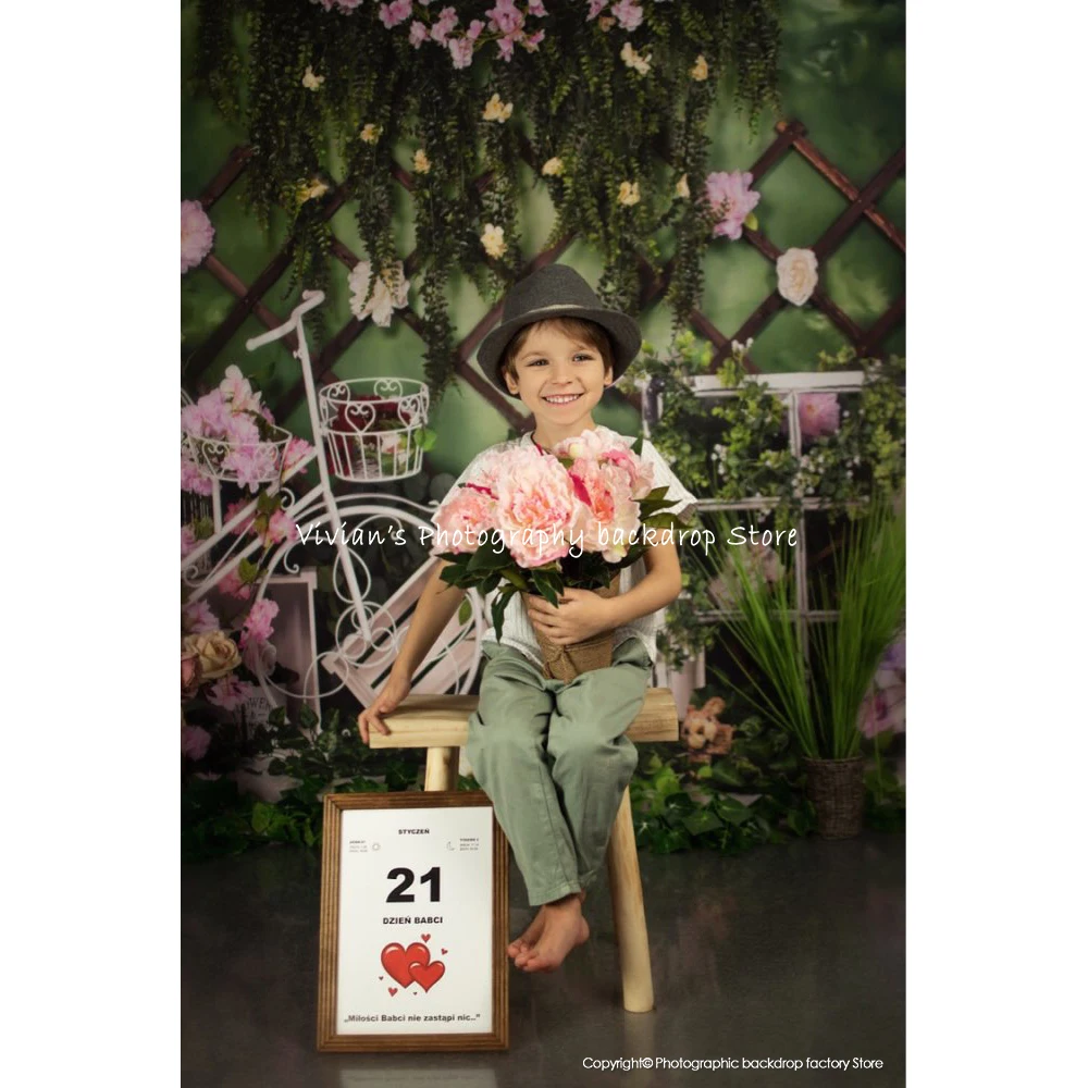 Spring Backdrop Flower Forest Kids Baby Potrait Photography Green Wall Garden Bicycle Decor Child Photocall Photostudio Props