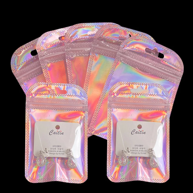 50pcs/set Holographic Storage Mylar Eyelash Jewelry Pouch Window Bags Resealable Gloss Packaging With Pieces Smell Proof