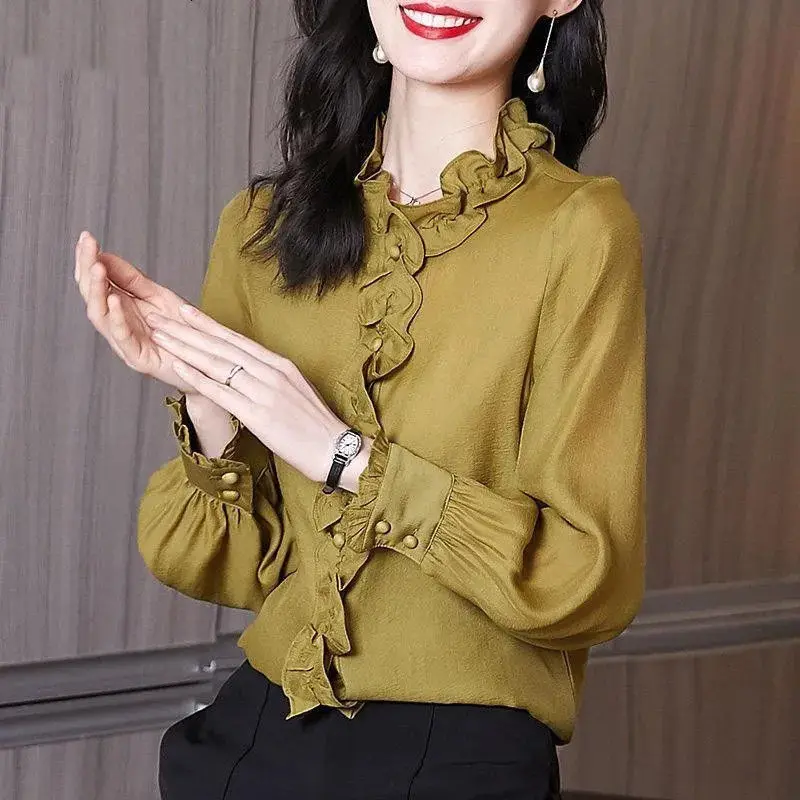 Fashion Woman Blouses 2024 Spring Autumn Long Sleeve Ruffles Shirts Office Lady Solid Color Button Casual Shirt Women\'s Clothing