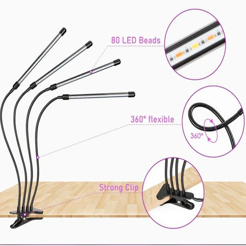 LED 식물 성장 조명, 밝기 조절 가능, 타이머 내장, 방수, USB 풀 스펙트럼 실내 꽃 채소 씨앗