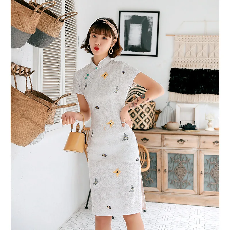 2023 Lace Cheongsam Slim Young Girl Fashion Student Catwalk Dresses Improved Mid-Length Cheongsam Dress Modern Qipao Dress
