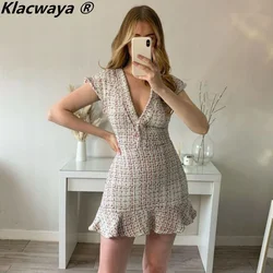 Klacwaya Women's Dress Tweed Textured Dresses Female Clothing Elegant For Women Vintage Ruffle Autumn Ladies Mini Dresses