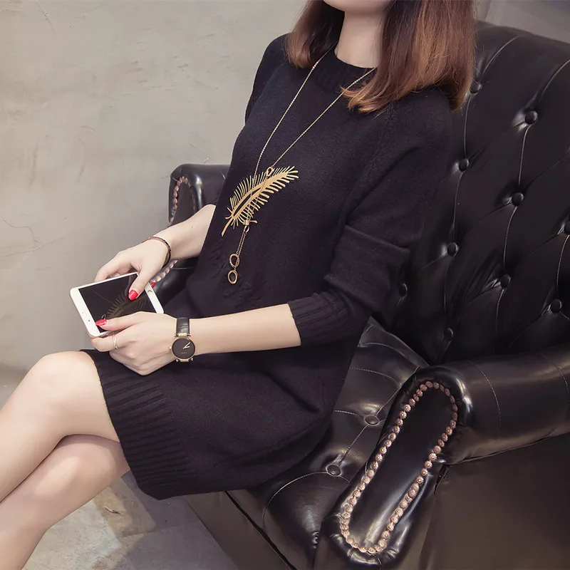 New Fashion 2025 Women Autumn Winter Long Sweater Pullovers Dress Casual Warm Female Knitted Clothes Thick Warm Tops