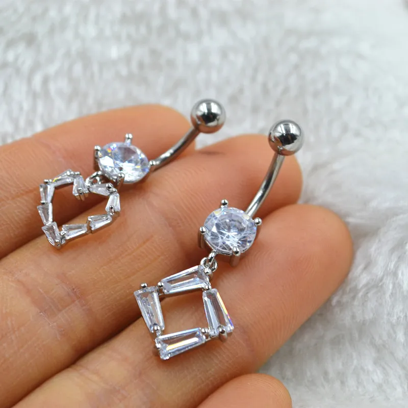 

10PCS Surgical Steel Bar Heart Square CZ Navel Belly Ring Button Bar Navel Rings Body Piercing Jewelry 14G