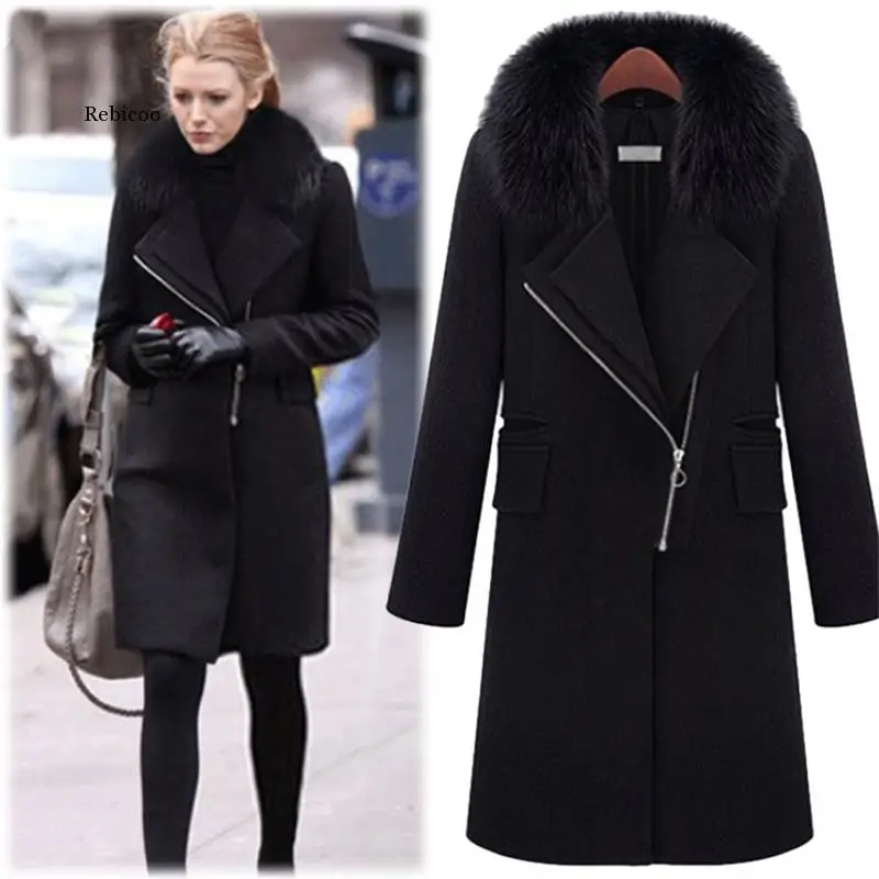 

New Fashion Detachable Wool Collar Plush Coat Long Slim Woolen Coat