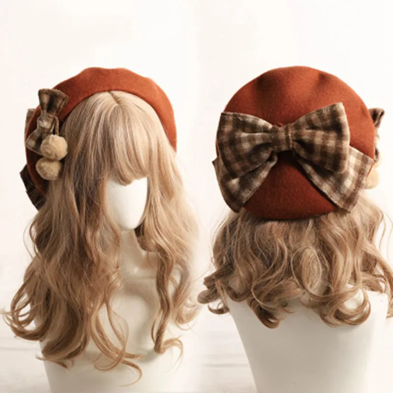 

Kawaii Beret Hat Lolita Teenage heart Sweet Woolen Handmade Cute Plaid Bowknot Warm Autumn Winter Painter Hat Headdress