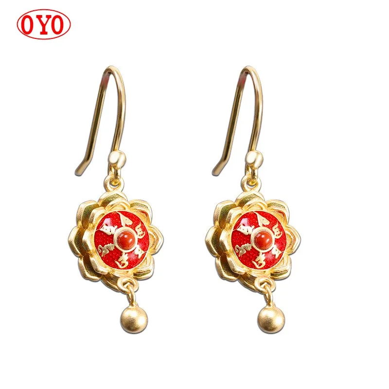 Real s925 silver gold-plated burnt blue eight-petal lotus earrings ethnic style ladies prayer wheel earrings