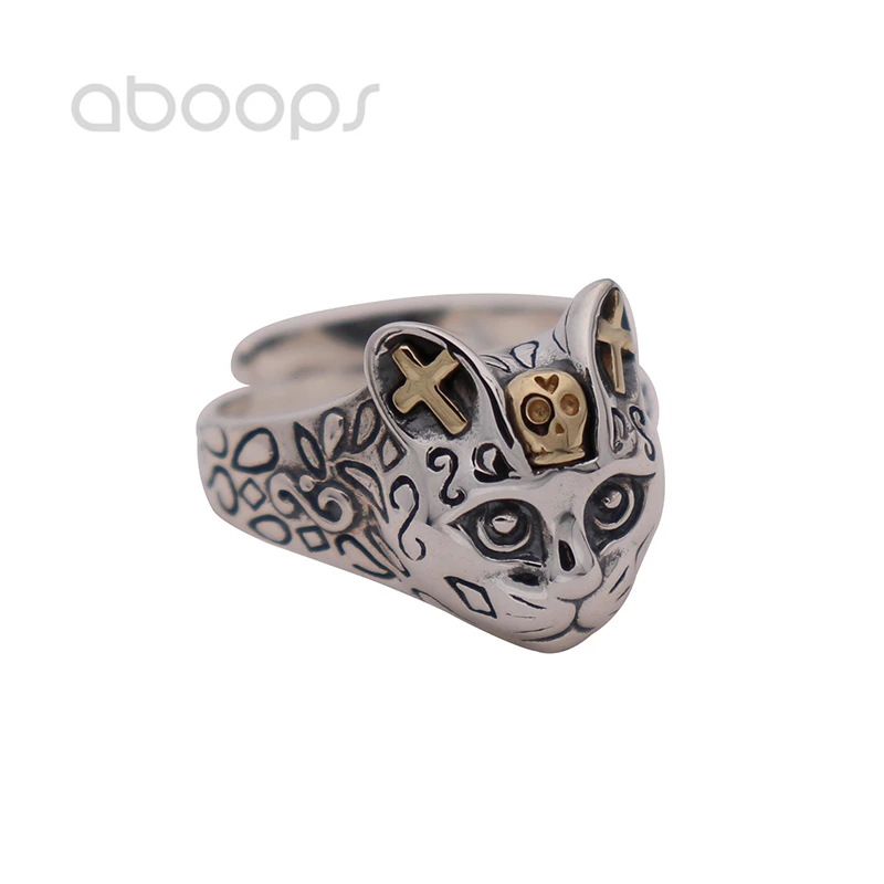 

Vintage 925 Sterling Silver Cat Head Ring,Biker Jewelry for Men Women,Bicolor,Adjustable Size 7.5-10,Free Shipping