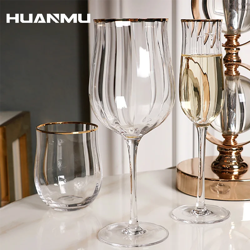 

American Transparent Glass Tulip Stripe Wine Cup Gold Inlay Champagne Cocktail Cups Bar Drinkware Home Goblet Kitchen Tool