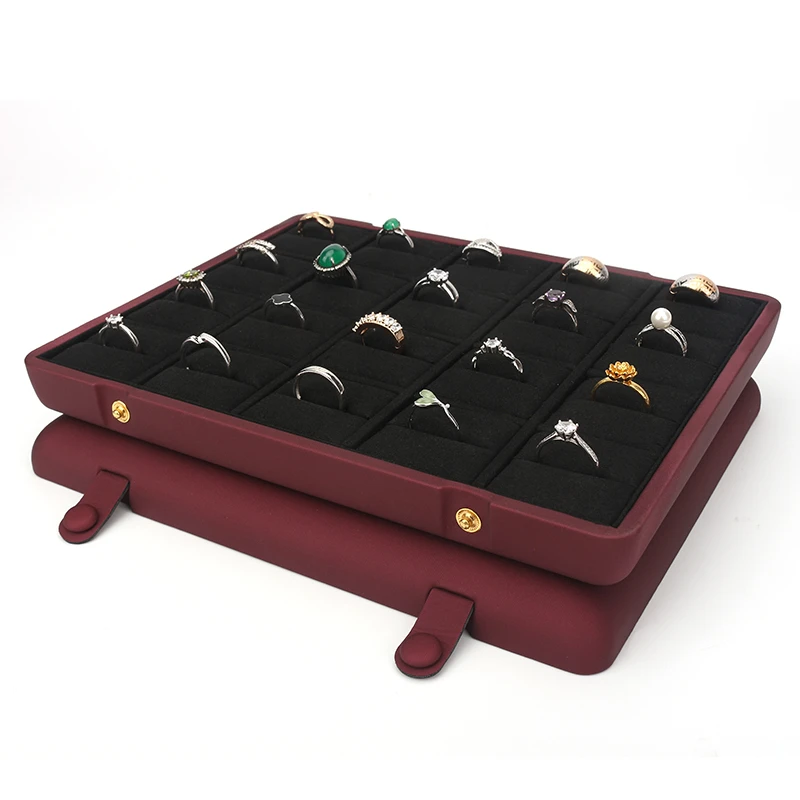 

New Red PU Leather Concealed Button Jewelry Ring Pendant Display Tray Built-in 20 Cells Card Slot For Women Fashion Accessories